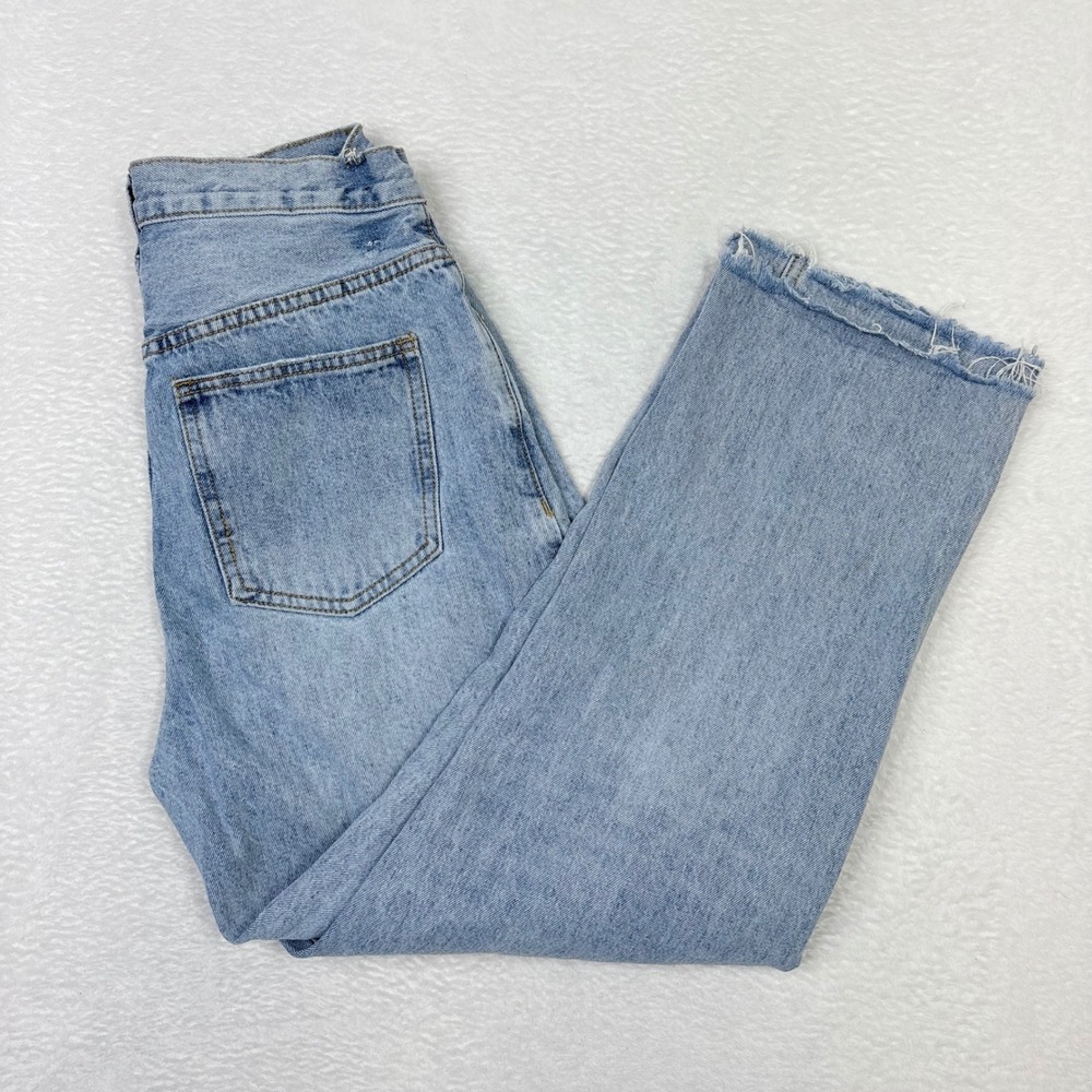 Princess Polly Asymmetrical Waist Straight Leg Jeans Light Wash Blue Womens US 4